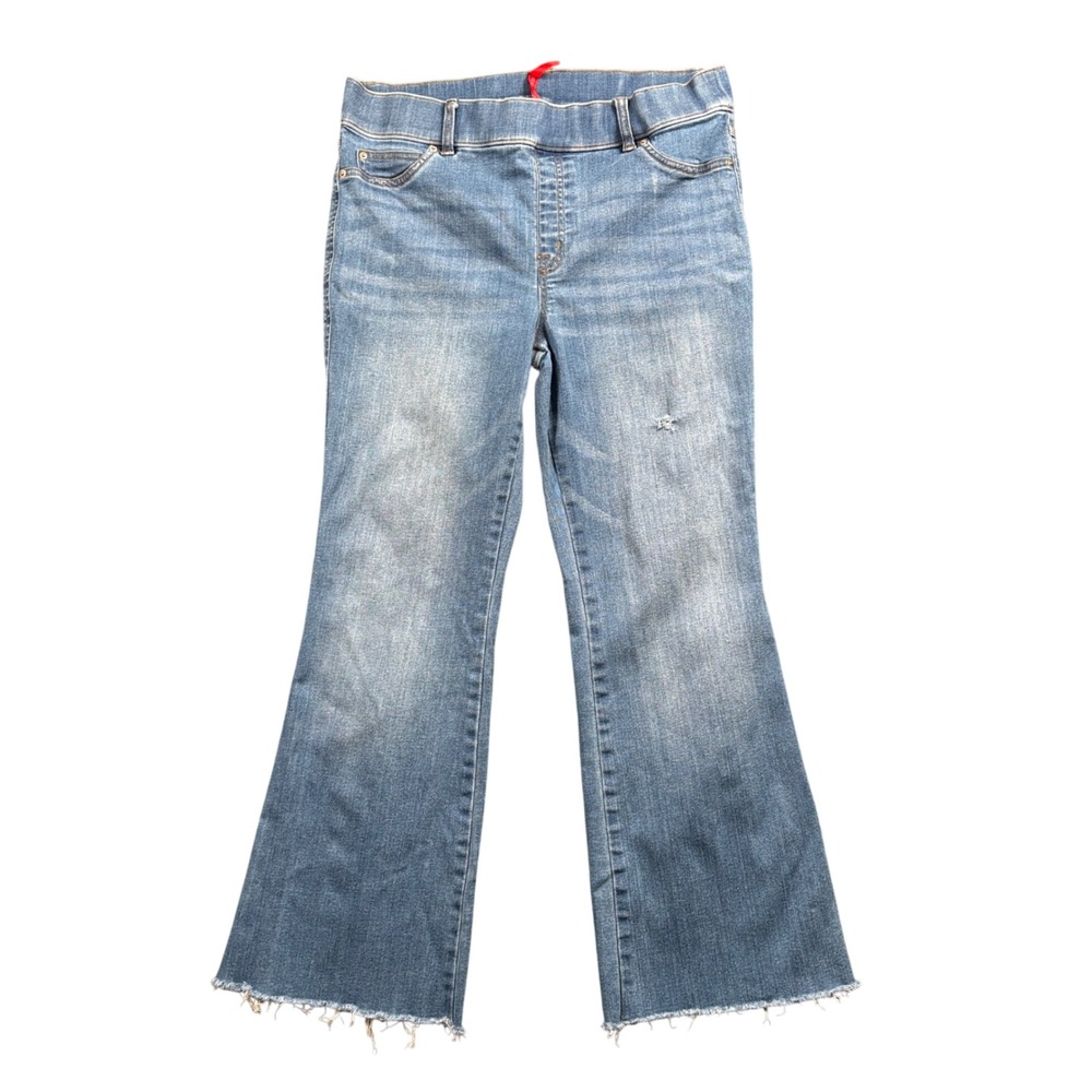 Y2K Spanx Flare‎ Jeans Women's XL Blue High Rise Pull On Raw Hem Denim